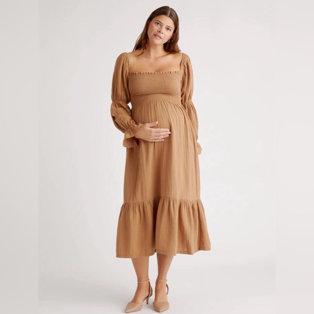 Organic Cotton Gauze Maternity Smocked Ruffle Hem Midi Dress Toasted Coconut